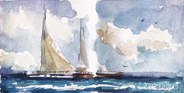 Canvas Sailboats in sea hand drawn watercolor illustration.
