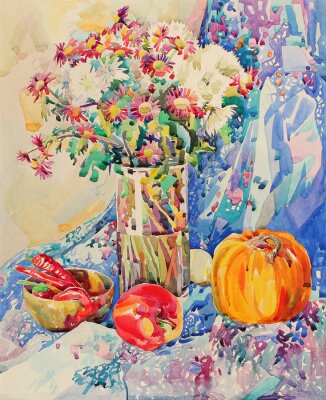 Canvas Samenstelling met fruit en bloemen