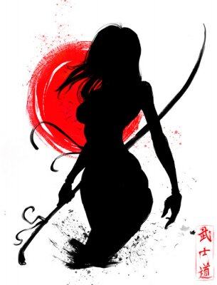 Canvas Samurai girl on sunset background 