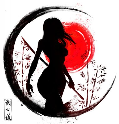 Canvas Samurai girl on sunset background ,the inscription in Japanese means " the way of a warrior"