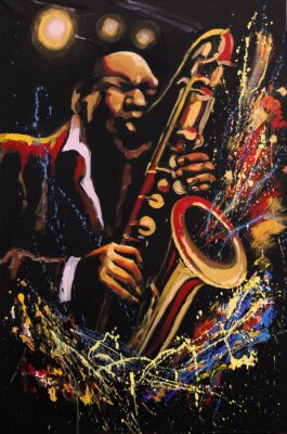 Canvas Saxofonist op een zwarte achtergrond met sprays en spatten, Fantasy originele kunst, acryl op doek