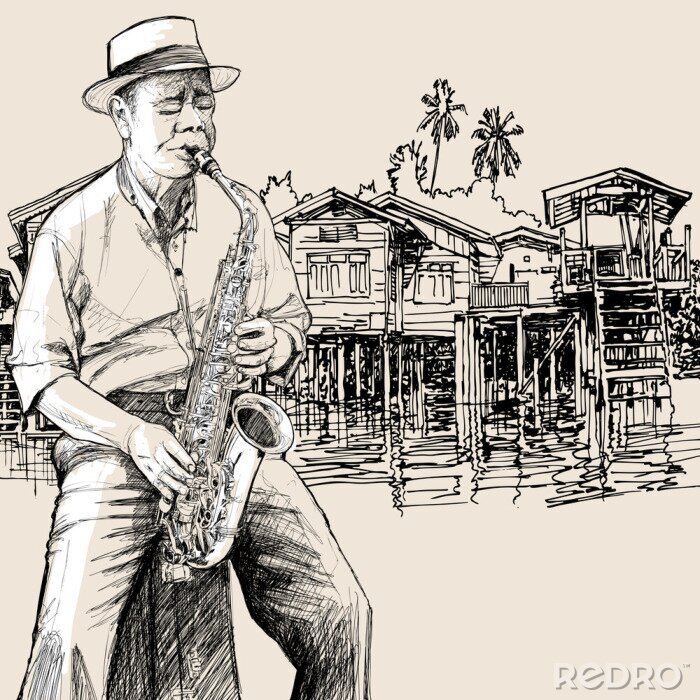 Canvas Saxofonist op stadsachtergrond