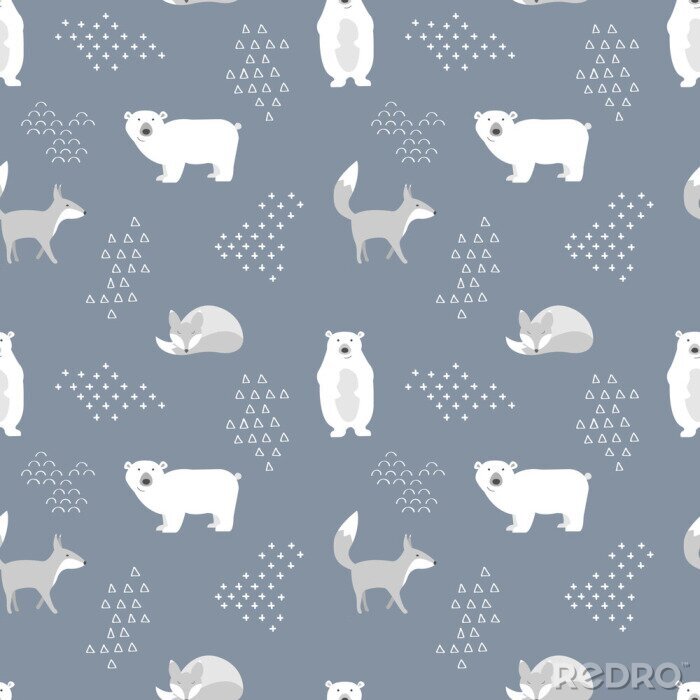Canvas Scandinavisch naadloos patroon. Beren en vos. Vector illustratie.