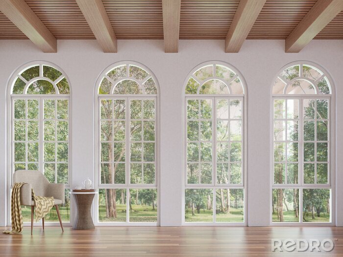 Canvas Scandinavische woonkamer 3D-rendering afbeelding. De kamers hebben houten vloeren en plafonds met witte muren. Er zijn boog vorm venster met uitzicht op de natuur.
