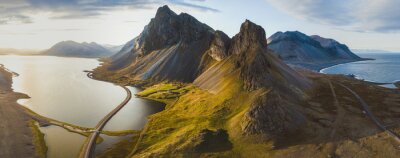 Canvas scenic road in Iceland, beautiful nature landscape aerial panorama, mountains and coast at sunset