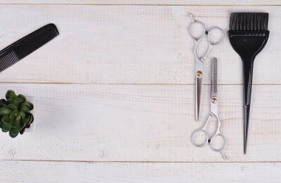 Canvas Schaar, COMn en borstel voor haarkleuring op witte rustieke houten achtergrond. Kapsalon concept. haircut accessoires