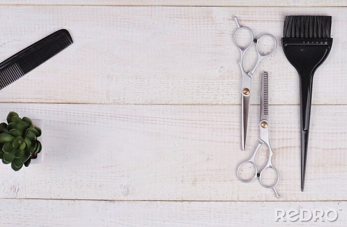 Canvas Schaar, COMn en borstel voor haarkleuring op witte rustieke houten achtergrond. Kapsalon concept. haircut accessoires
