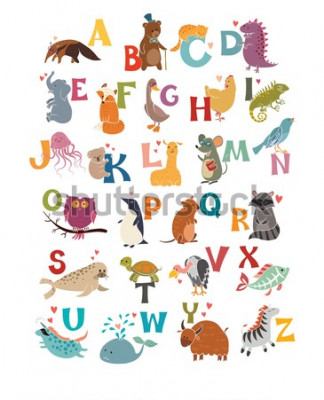 Canvas Schattig vector dierentuin alfabet. Grappige cartoon dieren. Vector illustratie EPS10 geïsoleerd op een witte achtergrond. Brieven. Leren lezen