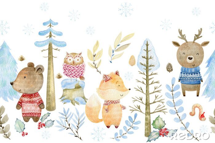 Canvas Schattige dieren in een bos in de winter