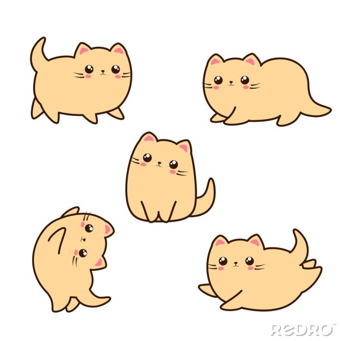 Canvas Schattige kat, kitten karakter. Kawaii dieren illustratie. Leuke kat in verschillende poses.
