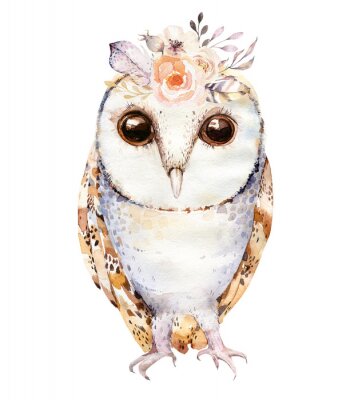Canvas Schattige uil met bloemen in boho-stijl