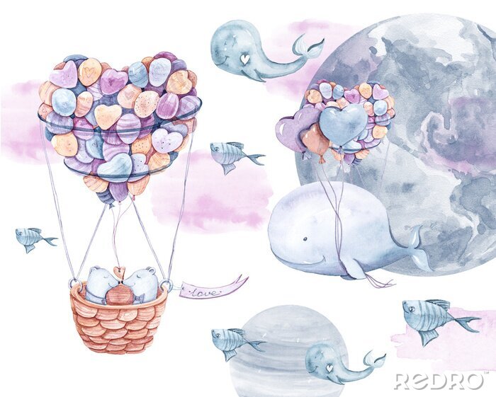 Canvas Schattige vos en konijntje vliegen in een maanballon