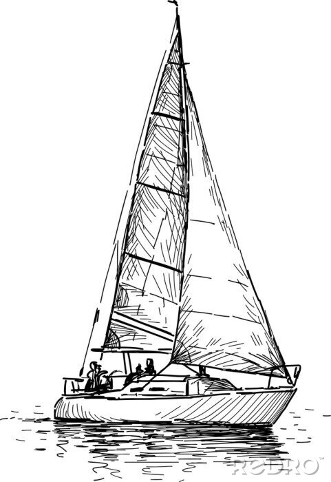 Canvas Schets van een zeilboot op witte achtergrond