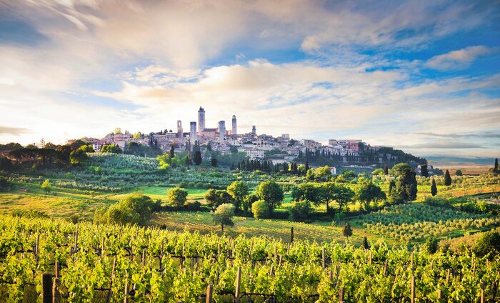 Canvas Schilderachtige landschap met San Gimignano bij zonsondergang, Toscane, Italië