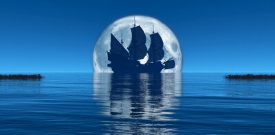 Schip op zee tegen de achtergrond van de maan