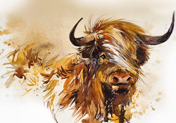 Canvas Schotse stier geschilderd in aquarel