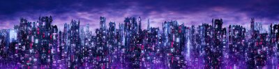 Canvas Science fiction neon city night panorama / 3D illustration of dark futuristic sci-fi city lit with blight neon lights