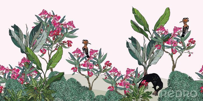 Canvas Seamless Border Oleander Blooming Garden Palm Trees with Black Pantera and Hoopoe Birds, Panorama View Spring Blooms Pink Flowers, Floral Mural, Hand Drawn Illustration Paradise, Wildlife in Tropics
