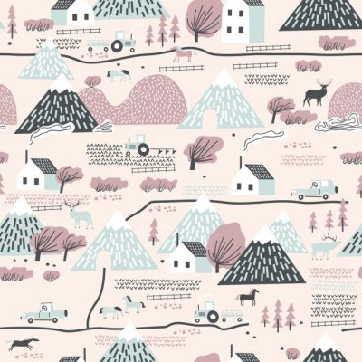 Seamless colorful pattern with house, trees, horses, mountains and hills. Perfect for kids fabric, textile, nursery wallpaper.