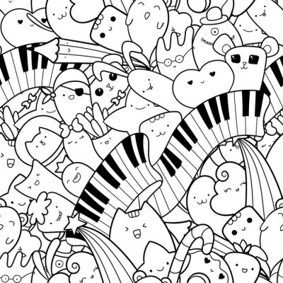 Canvas Seamless doodles pattern with musical instrument.  Piano keys with kawaii creatures, cute monsters and animals. Pattern for coloring page or design print. Easy to change color inside of objects.