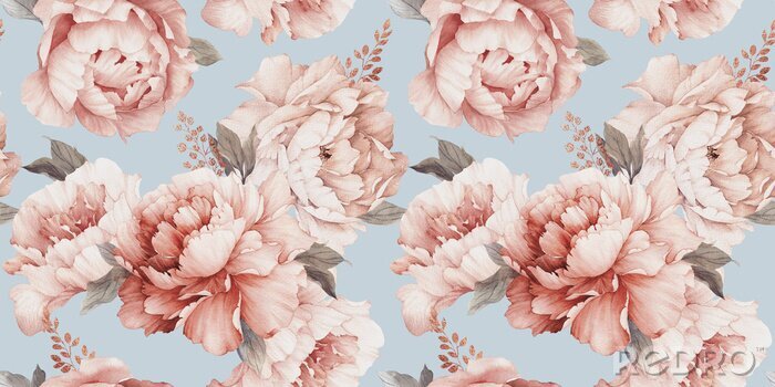 Canvas Seamless floral pattern with peony flowers on summer background, watercolor. Template design for textiles, interior, clothes, wallpaper. Botanical art