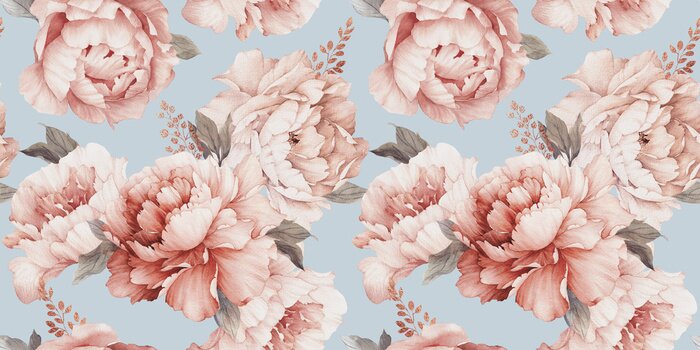 Canvas Seamless floral pattern with peony flowers on summer background, watercolor. Template design for textiles, interior, clothes, wallpaper. Botanical art