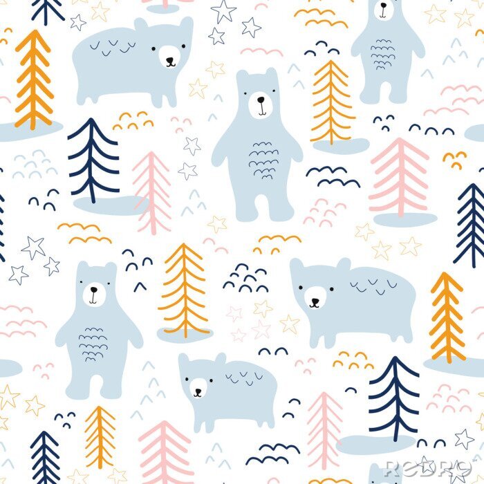 Canvas Seamless pattern bears in forest hand drawn vector illustration. Scandinavian style repeating animal nature background in blue, yellow, orange, pink on white. For wallpaper, fabric, kids decor, baby