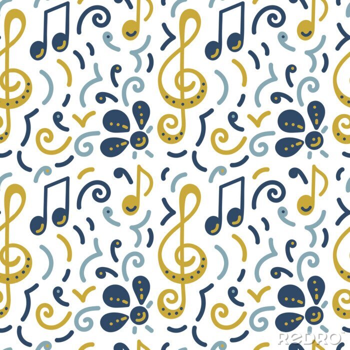Canvas Seamless pattern. Doodle vector background, music concert festival. Musical note, treble clef, flowers