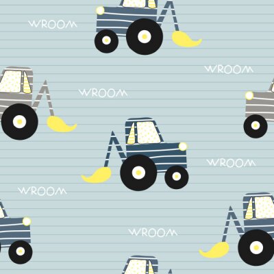 Seamless pattern with bulldozer. Kids funny textile print. Vector hand drawn illustration.