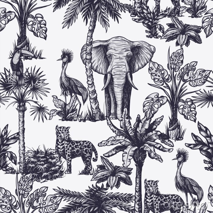 Canvas Seamless pattern with graphic tropical treees and jungle animals. Vector.