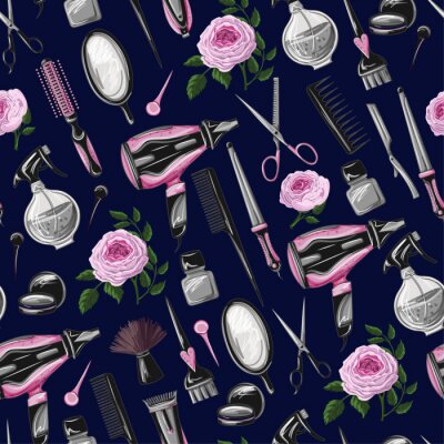 Canvas Seamless pattern with hairdresser tools such as hairdryer, comb, scissors, mirror, hair dye and other. 