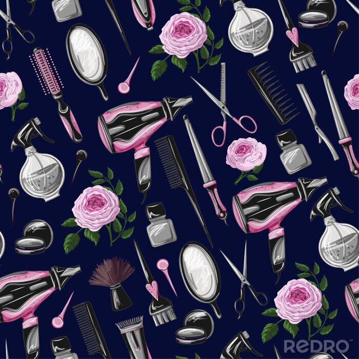 Canvas Seamless pattern with hairdresser tools such as hairdryer, comb, scissors, mirror, hair dye and other. 