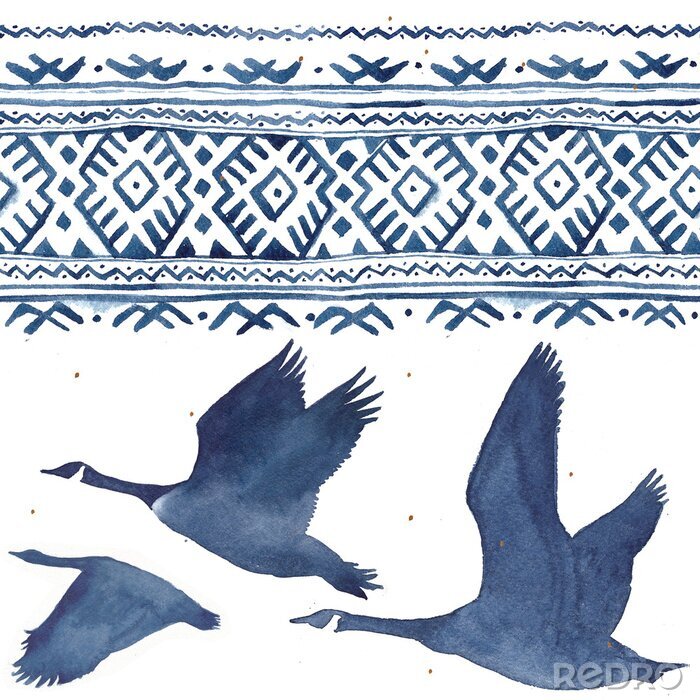 Canvas Seamless pattern with watercolor realistic a flock of geese silhouette and national ornament in blue colors