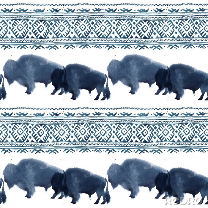 Canvas Seamless pattern with watercolor realistic bison silhouette and national ornament in blue colors on white background