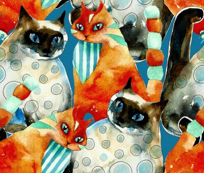 Canvas Seamless red and blue cats pattern from original watercolor hand drawn illustration on blue background