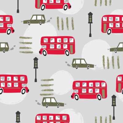 Seamless road pattern with cartoon red London bus and car. Baby print.