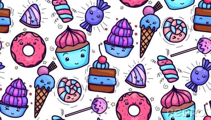 Canvas Seamless texture with cute, kawai sweets and confection on white background. Vector pattern for textiles, fabrics, wrapping paper, cards and for your design