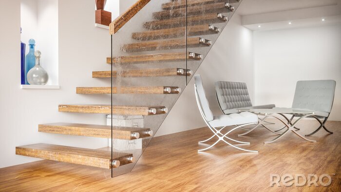 Canvas Seat group under wooden stairs - 3D Rendering