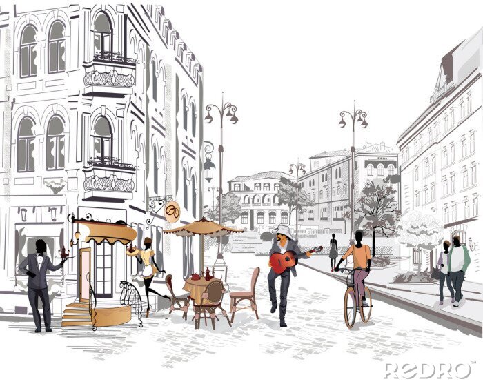 Canvas Serie van uitzicht op de straat met mensen in de oude stad