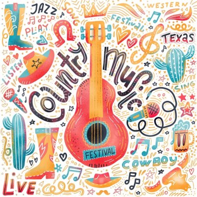 Canvas Set of Country music elements for postcards or festival banners.  hand drawn illustration in flat doodle style. Guitar with written lettering.