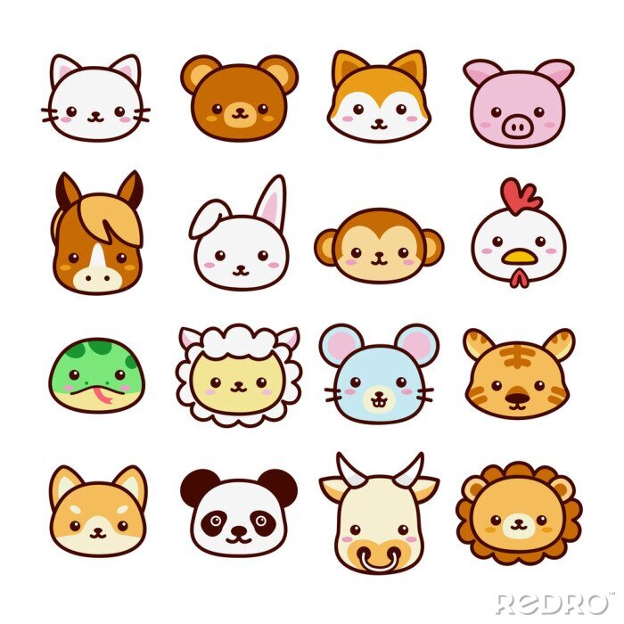 Canvas Set of cute and kawaii 16 animal signs. Flat cartoon vector isolated on white background.