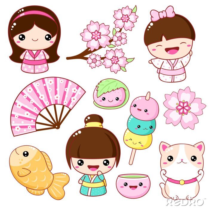 Canvas Set of cute icons in kawaii style