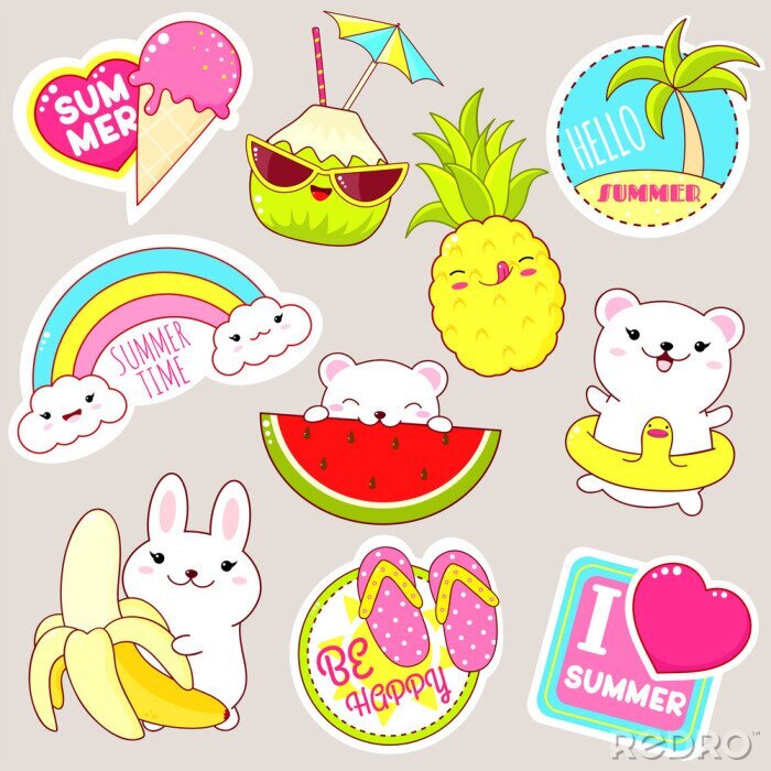 Canvas Set of cute summer stickers in kawaii style
