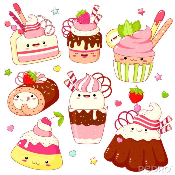 Canvas Set of cute sweet icons in kawaii style