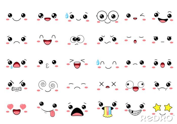 Canvas Set of kawaii emoticons with different mood