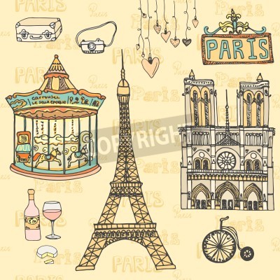 Canvas Set of Paris symbols made in vector. Eiffel tower, moulin rouge, Notre Dame De Paris, wine, cheese. 