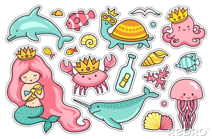 Canvas Set of sea cartoon characters. Mermaid, narwhal, jellyfish, turtle and dolphin. Octopus, crab and seagull. Stickers, pins and badges