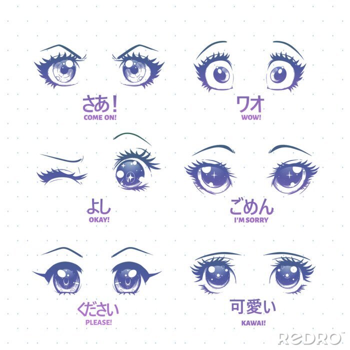 Canvas Set van anime, manga kawaii ogen, met verschillende expressies. kawaii