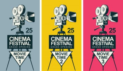 Set van drie vector posters voor cinema festival met ouderwetse filmcamera op het statief in retro stijl. Kan worden gebruikt voor flyer, ticket, poster, webpagina. Filmtijd 1, filmtijd 2, filmtijd 3
