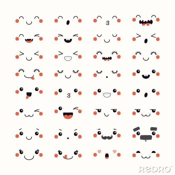 Canvas Set van grappige kawaii emoticons in Japanse anime, manga-stijl. Geïsoleerde objecten op witte achtergrond. Hand getrokken doodle vectorillustratie. Ontwerpconcept voor avatar, smiley, sticker.